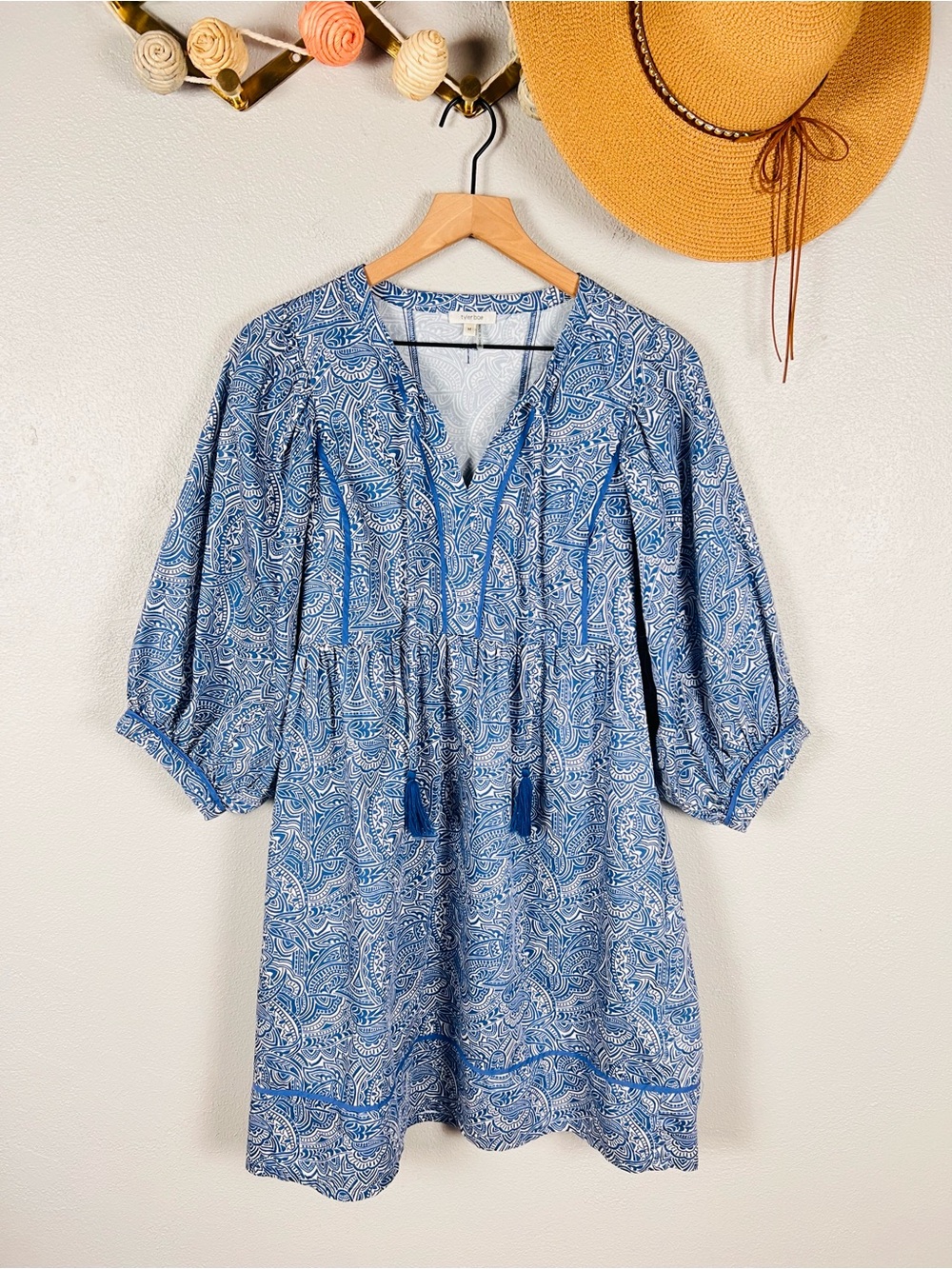 Tyler Boe Janet Blue Paisley Cotton Mini Dress Coastal Resort Boho Size Medium